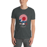 Young male adult wearing a Alter Ego Hawaii T-shirt that has a Hawaii themed graphic logo on the front.