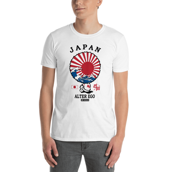 Young male adult wearing a Alter Ego Hawaii T-shirt that has a Hawaii themed graphic logo on the front.