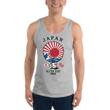 Young model wearing a Alter Ego Hawaii unisex tank top that has a Hawaii themed graphic logo on the front.