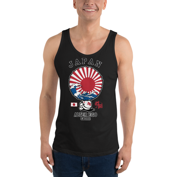 Young model wearing a Alter Ego Hawaii unisex tank top that has a Hawaii themed graphic logo on the front.