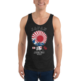 Young model wearing a Alter Ego Hawaii unisex tank top that has a Hawaii themed graphic logo on the front.