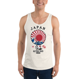 Young model wearing a Alter Ego Hawaii unisex tank top that has a Hawaii themed graphic logo on the front.