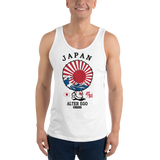 Young model wearing a Alter Ego Hawaii unisex tank top that has a Hawaii themed graphic logo on the front.