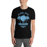 Young male adult wearing a Alter Ego Hawaii T-shirt that has a Hawaii themed graphic logo on the front.
