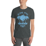 Young male adult wearing a Alter Ego Hawaii T-shirt that has a Hawaii themed graphic logo on the front.