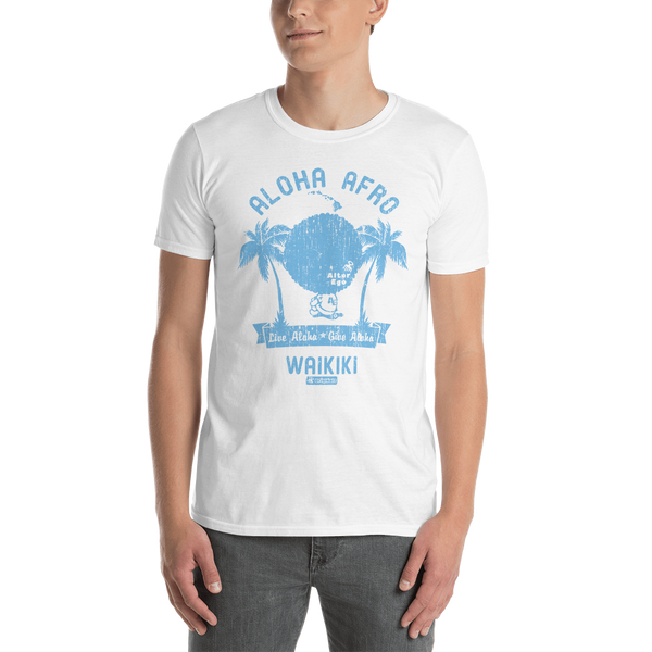 Young male adult wearing a Alter Ego Hawaii T-shirt that has a Hawaii themed graphic logo on the front.