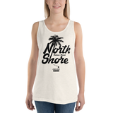 Young model wearing a Alter Ego Hawaii unisex tank top that has a Hawaii themed graphic logo on the front.