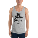 Young model wearing a Alter Ego Hawaii unisex tank top that has a Hawaii themed graphic logo on the front.