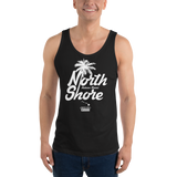 Young model wearing a Alter Ego Hawaii unisex tank top that has a Hawaii themed graphic logo on the front.