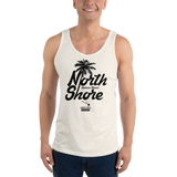Young model wearing a Alter Ego Hawaii unisex tank top that has a Hawaii themed graphic logo on the front.