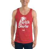 Young model wearing a Alter Ego Hawaii unisex tank top that has a Hawaii themed graphic logo on the front.