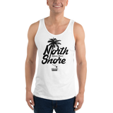 Young model wearing a Alter Ego Hawaii unisex tank top that has a Hawaii themed graphic logo on the front.