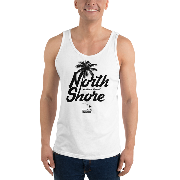 Young model wearing a Alter Ego Hawaii unisex tank top that has a Hawaii themed graphic logo on the front.