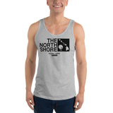 Young model wearing a Alter Ego Hawaii unisex tank top that has a Hawaii themed graphic logo on the front.