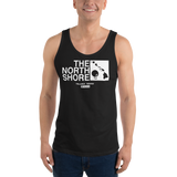 Young model wearing a Alter Ego Hawaii unisex tank top that has a Hawaii themed graphic logo on the front.