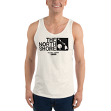 Young model wearing a Alter Ego Hawaii unisex tank top that has a Hawaii themed graphic logo on the front.