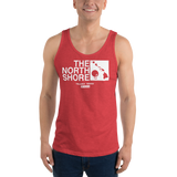 Young model wearing a Alter Ego Hawaii unisex tank top that has a Hawaii themed graphic logo on the front.