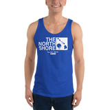 Young model wearing a Alter Ego Hawaii unisex tank top that has a Hawaii themed graphic logo on the front.