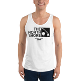 Young model wearing a Alter Ego Hawaii unisex tank top that has a Hawaii themed graphic logo on the front.