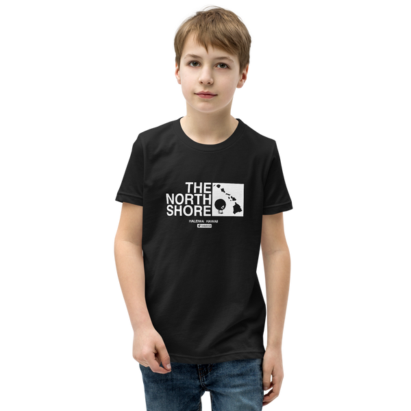 Preteen model wearing a Alter Ego Hawaii T-shirt that has a Hawaii themed graphic logo on the front.