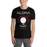 Young male adult wearing a Alter Ego Hawaii T-shirt that has a Hawaii themed graphic logo on the front.