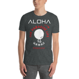 Young male adult wearing a Alter Ego Hawaii T-shirt that has a Hawaii themed graphic logo on the front.