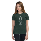 Preteen model wearing a Alter Ego Hawaii T-shirt that has a Hawaii themed graphic logo on the front.