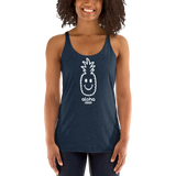 Young female adult wearing a Alter Ego Hawaii racerback tank top that has a Hawaii themed graphic logo on the front.