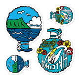 A set of Alter Ego Hawaii logo stickers in multiple sizes with urban street themed graphics.
