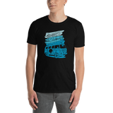 Young male adult wearing a Alter Ego Hawaii T-shirt that has a Hawaii themed graphic logo on the front.