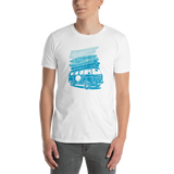 Young male adult wearing a Alter Ego Hawaii T-shirt that has a Hawaii themed graphic logo on the front.