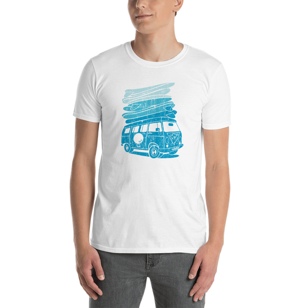 Young male adult wearing a Alter Ego Hawaii T-shirt that has a Hawaii themed graphic logo on the front.
