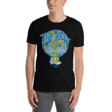 Young male adult wearing a Alter Ego Hawaii T-shirt that has a Hawaii themed graphic logo on the front.