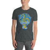 Young male adult wearing a Alter Ego Hawaii T-shirt that has a Hawaii themed graphic logo on the front.