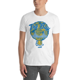 Young male adult wearing a Alter Ego Hawaii T-shirt that has a Hawaii themed graphic logo on the front.
