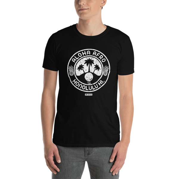 Young male adult wearing a Alter Ego Hawaii T-shirt that has a Hawaii themed graphic logo on the front.