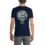 Young male adult wearing a Alter Ego Hawaii T-shirt that has a Hawaii themed graphic logo on the front.