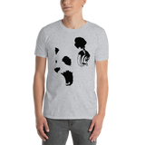 Young male wearing a Rhythm Arts Hawaii T-shirt that has a urban street themed graphic logo on the front.