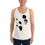 Young male wearing a Rhythm Arts Hawaii unisex tank top that has a urban street themed graphic logo on the front.