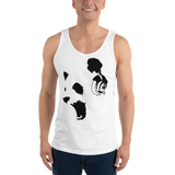 Young male wearing a Rhythm Arts Hawaii unisex tank top that has a urban street themed graphic logo on the front.