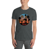 Young male wearing a Rhythm Arts Hawaii T-shirt that has a urban street themed graphic logo on the front.