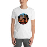 Young male wearing a Rhythm Arts Hawaii T-shirt that has a urban street themed graphic logo on the front.