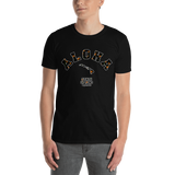 Young male wearing a Rhythm Arts Hawaii T-shirt that has a urban street themed graphic logo on the front.