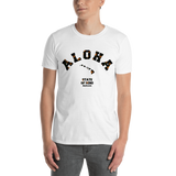 Young male wearing a Rhythm Arts Hawaii T-shirt that has a urban street themed graphic logo on the front.