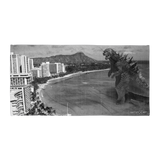 Rhythm Arts Hawaii large beach towel with a graphic of Waikiki Beach and Diamond Head. Godzilla is heading to shore.