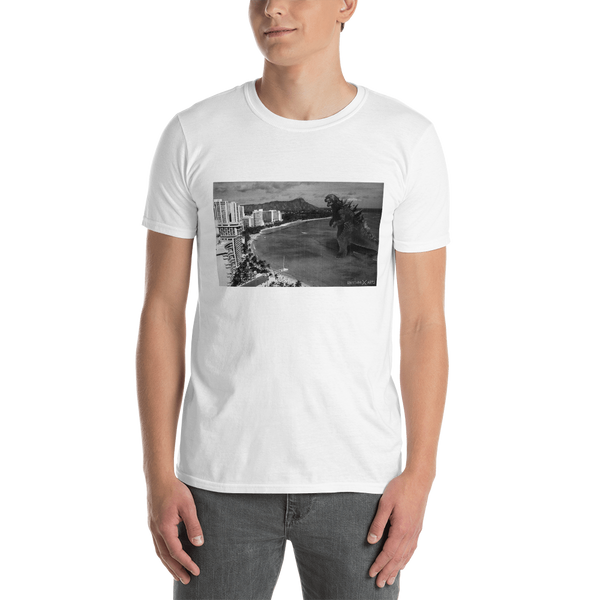 Young male wearing a Rhythm Arts Hawaii T-shirt that has a urban street themed graphic logo on the front.