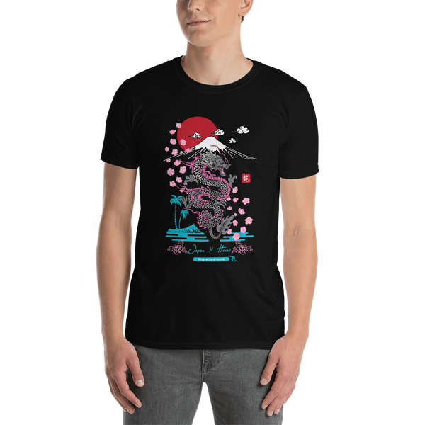 Young male wearing a Rogue Labs Hawaii T-shirt that has a Japanese Hawaii urban street themed graphic logo on the front.