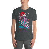 Young male wearing a Rogue Labs Hawaii T-shirt that has a Japanese Hawaii urban street themed graphic logo on the front.