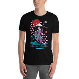 Young male wearing a Rogue Labs Hawaii T-shirt that has a Japanese Hawaii urban street themed graphic logo on the front.