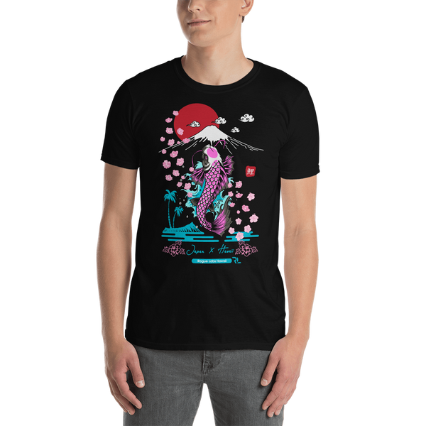 Young male wearing a Rogue Labs Hawaii T-shirt that has a Japanese Hawaii urban street themed graphic logo on the front.
